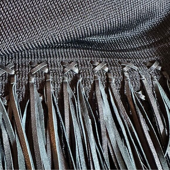 Ralph Lauren Black Lamb Leather-Fringe Silk Knit Sheath Dress - Picture 6 of 16